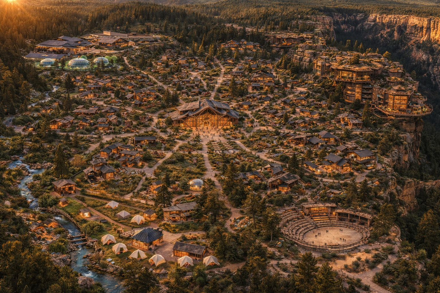 Aerial view of the HOME campus — concentric zones, timber structures, amphitheater, river, and forest