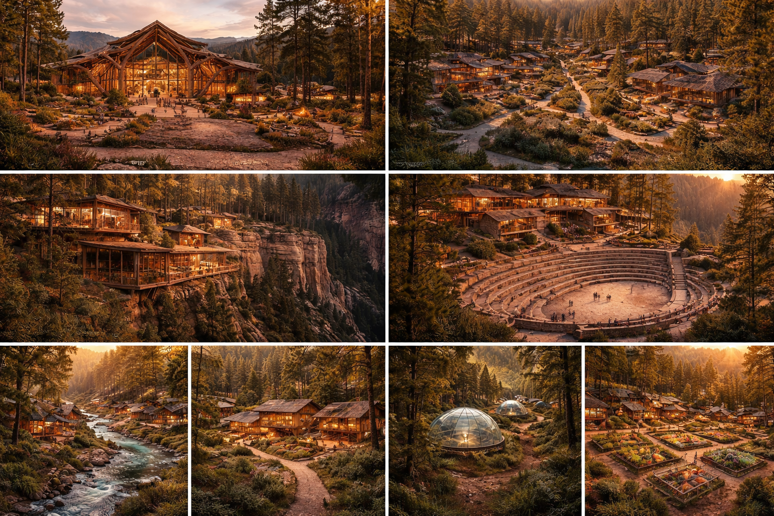 Close-up views of HOME campus zones — the great hall, neighborhoods, cliffside lodges, amphitheater, river trail, and greenhouses