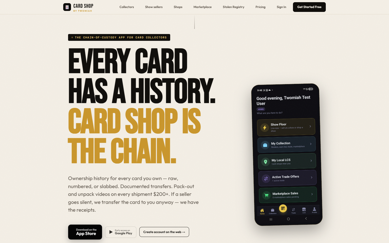 Twomiah Card Shop — chain-of-custody card marketplace