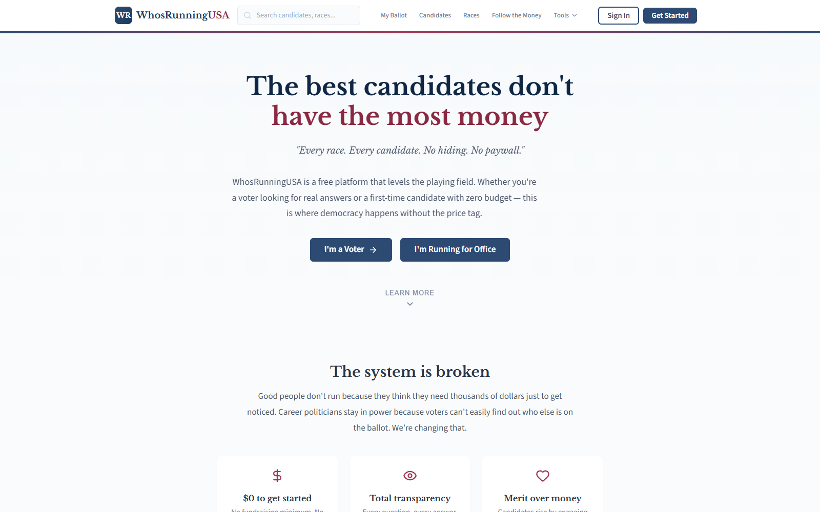 WhosRunningUSA — civic transparency platform