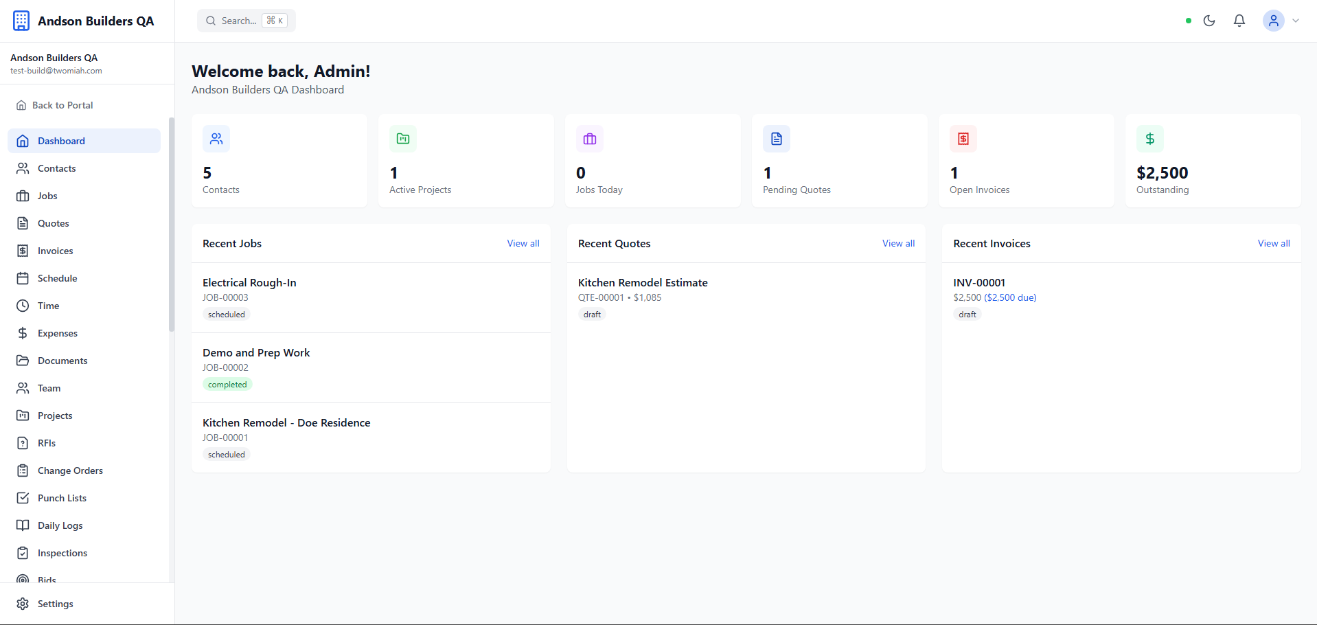 Twomiah Build dashboard at Andson Builders — 5 contacts, 1 active project, recent jobs (Electrical Rough-In, Demo and Prep Work, Kitchen Remodel), pending quote, and the full construction sidebar with RFIs, Change Orders, Punch Lists, Daily Logs, Inspections, and Bids