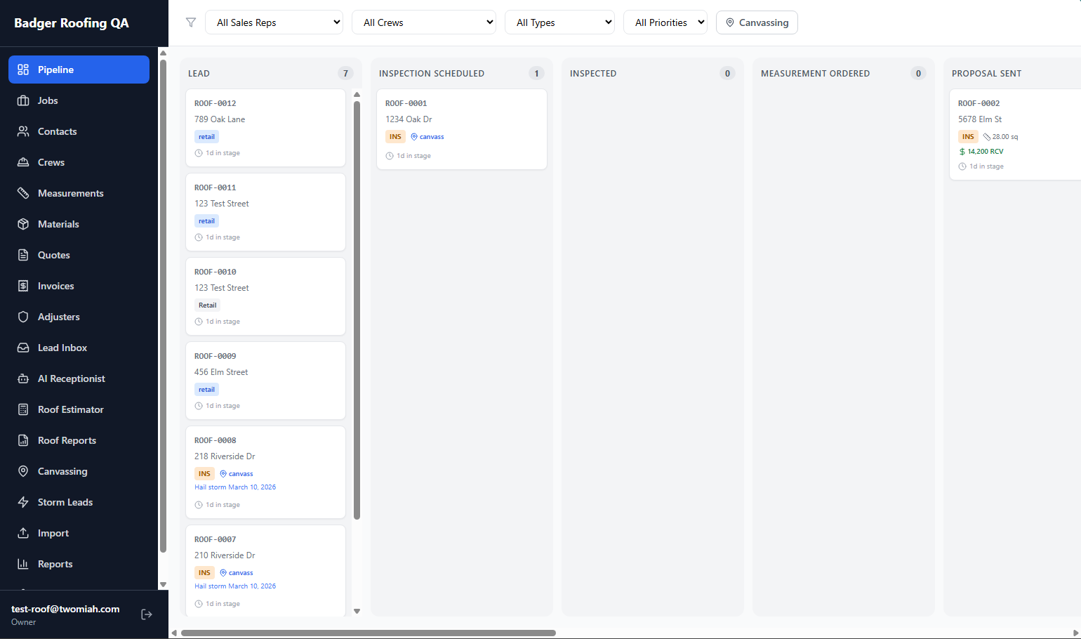 Twomiah Roof pipeline running at Badger Roofing — leads moving through inspection scheduled, inspector, measurement ordered, proposal sent, and canvassing stages