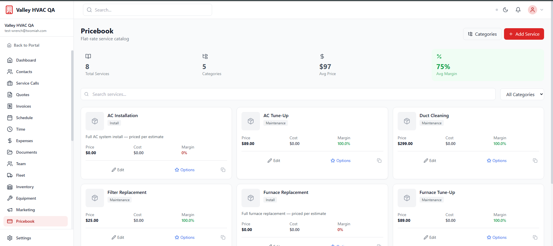 Twomiah Wrench pricebook running at Valley HVAC — flat-rate service catalog with margin tracking